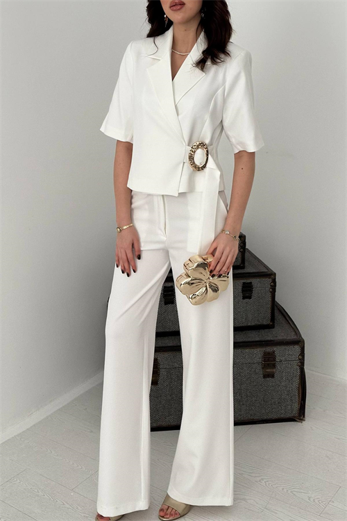 Wholesale Ecru Buckled Jacket and Straight Trousers Suit