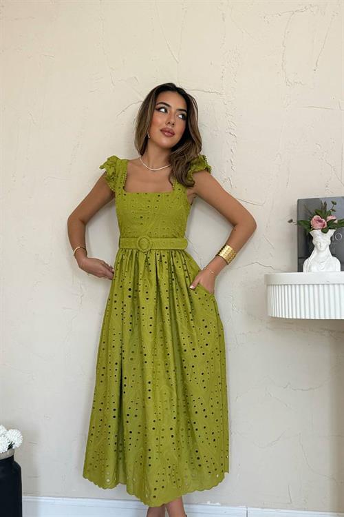 Toptan Fıstık Yesili Dantelli Brode Elbise