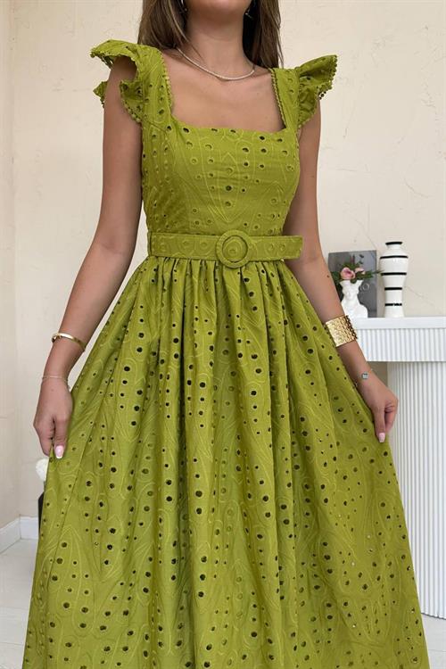 Toptan Fıstık Yesili Dantelli Brode Elbise