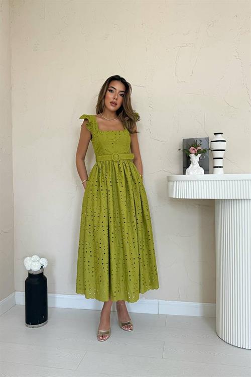 Toptan Fıstık Yesili Dantelli Brode Elbise