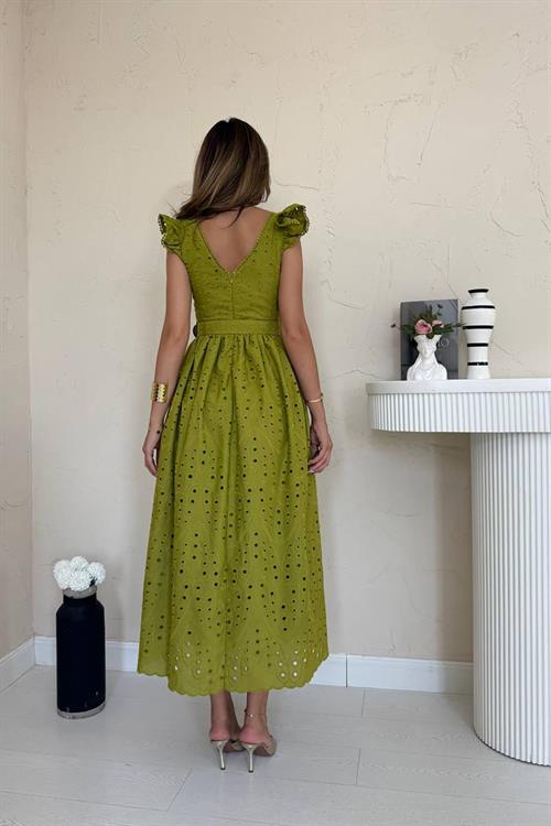 Toptan Fıstık Yesili Dantelli Brode Elbise