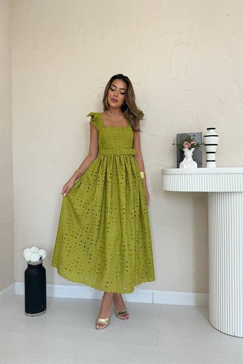 Toptan Fıstık Yesili Dantelli Brode Elbise