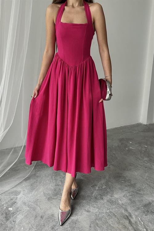 Toptan Fuşya Boyundan Bağlamalı Keten Elbise