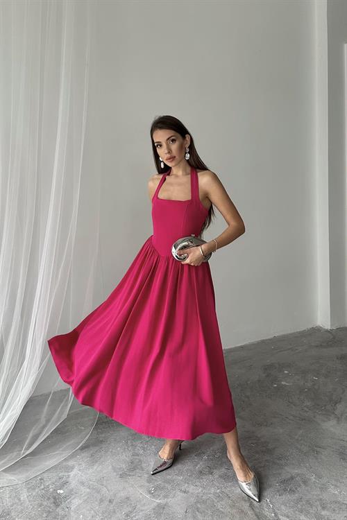 Toptan Fuşya Boyundan Bağlamalı Keten Elbise