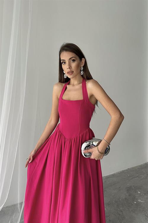 Toptan Fuşya Boyundan Bağlamalı Keten Elbise
