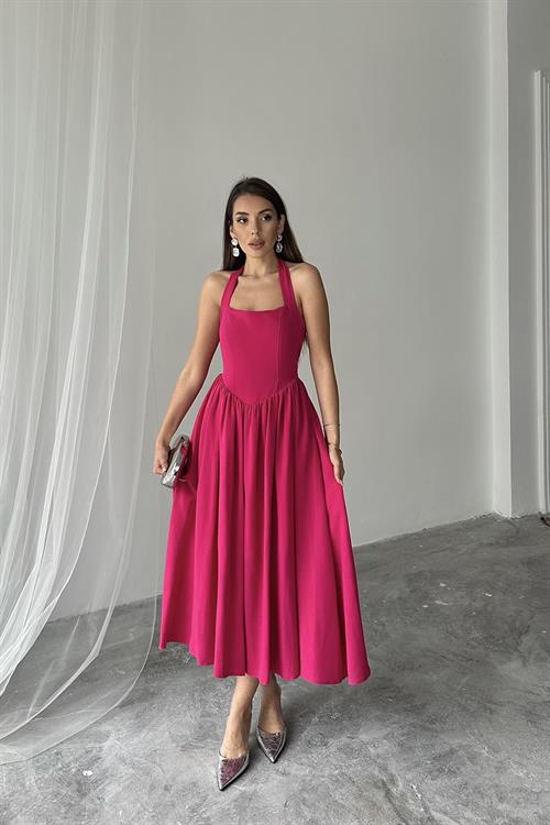 Toptan Fuşya Boyundan Bağlamalı Keten Elbise