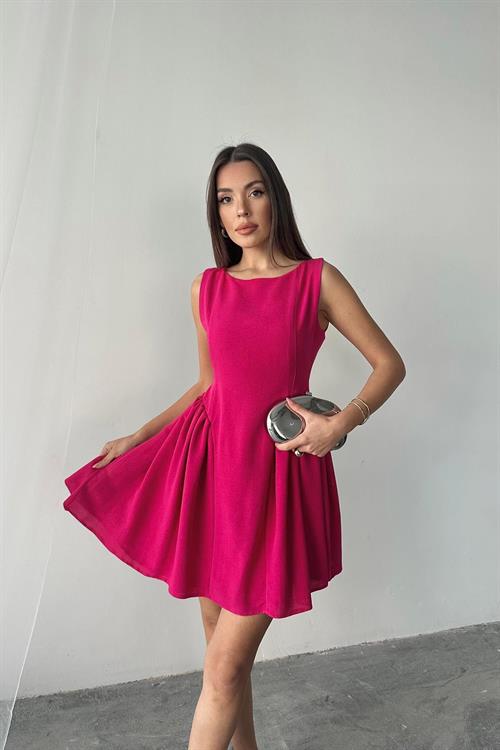 Toptan Fuşya Mini Boy Büzgülü Keten Elbise