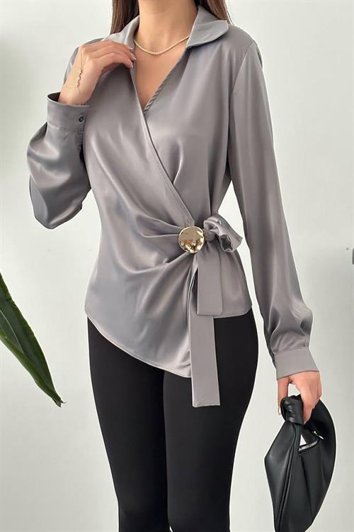Wholesale Gray Satin Blouse with Gold Accessory