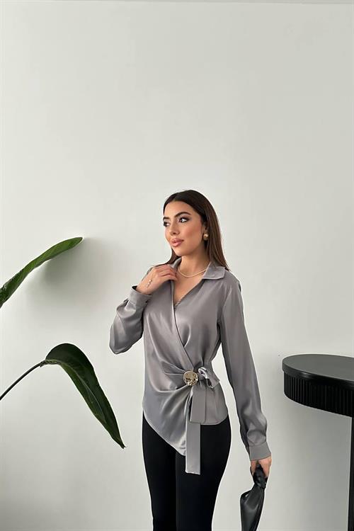 Wholesale Gray Satin Blouse with Gold Accessory