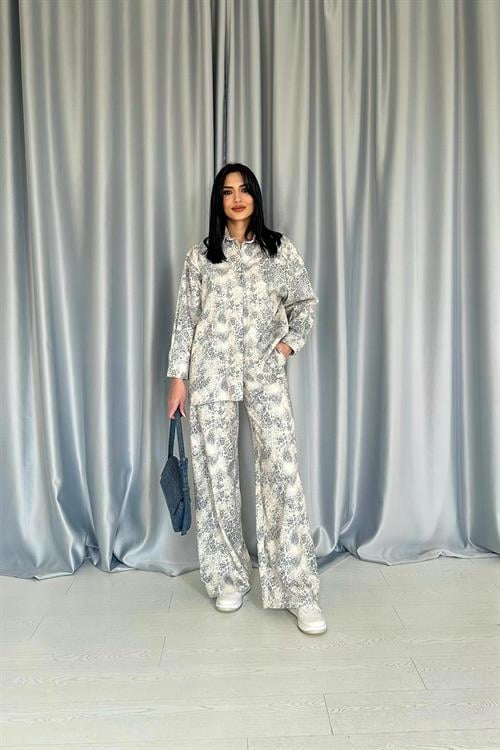 Wholesale Gray Leopard Print Shirt and Trousers Linen Suit