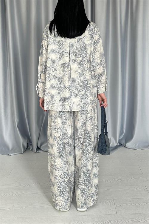 Wholesale Gray Leopard Print Shirt and Trousers Linen Suit