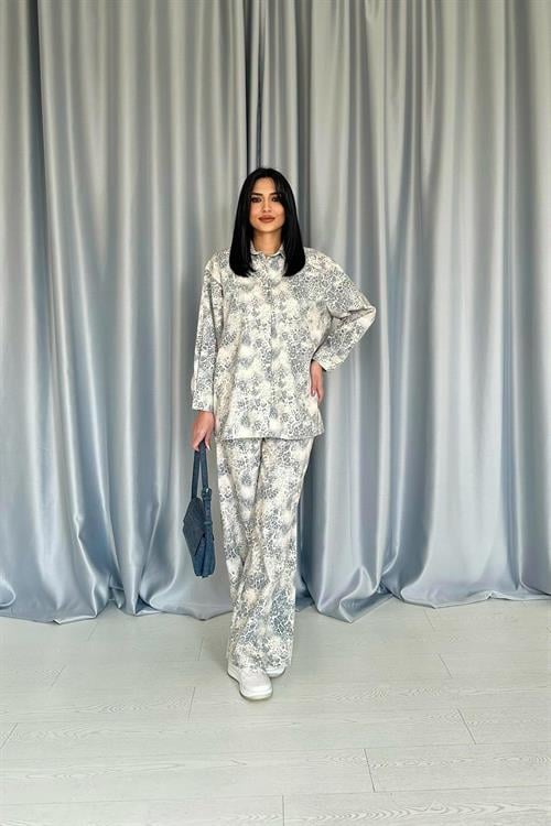 Wholesale Gray Leopard Print Shirt and Trousers Linen Suit