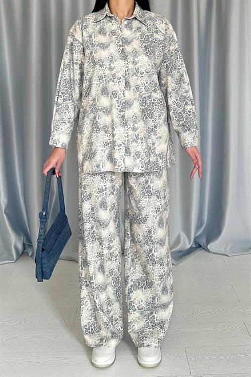 Wholesale Gray Leopard Print Shirt and Trousers Linen Suit