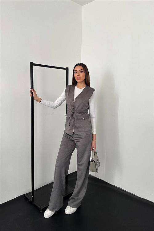 Wholesale Gray Suede Vest and Trousers Set