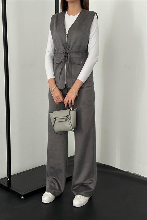Wholesale Gray Suede Vest and Trousers Set