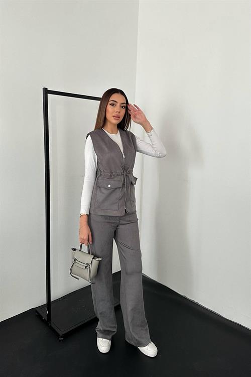 Wholesale Gray Suede Vest and Trousers Set
