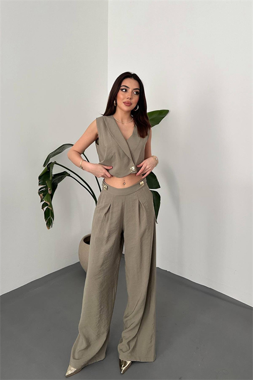 Wholesale Khaki Asymmetrical Vest and Palazzo Pants Set