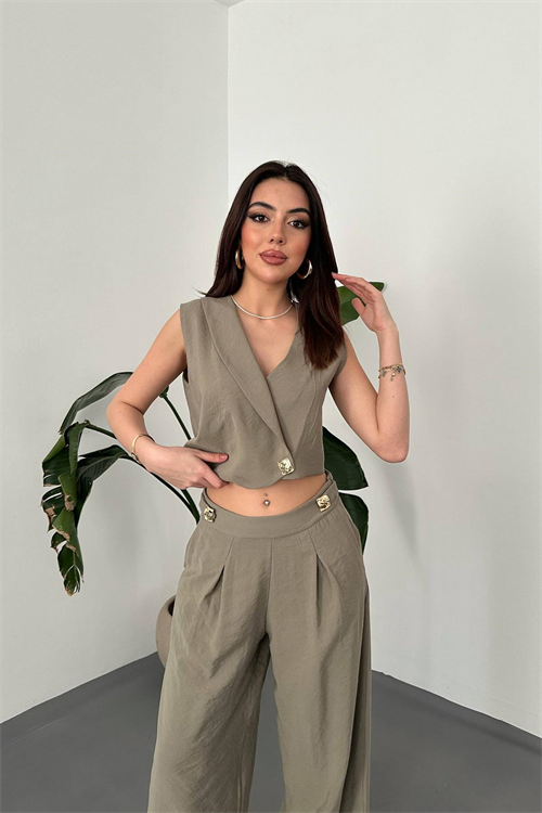Wholesale Khaki Asymmetrical Vest and Palazzo Pants Set
