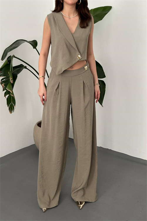 Wholesale Khaki Asymmetrical Vest and Palazzo Pants Set