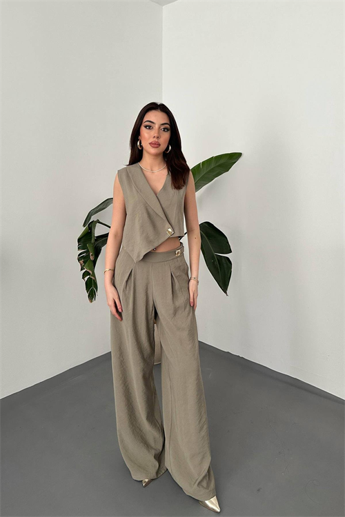 Wholesale Khaki Asymmetrical Vest and Palazzo Pants Set