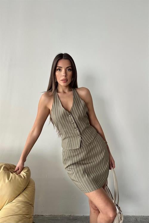 Wholesale Khaki Striped Vest and Skirt Set