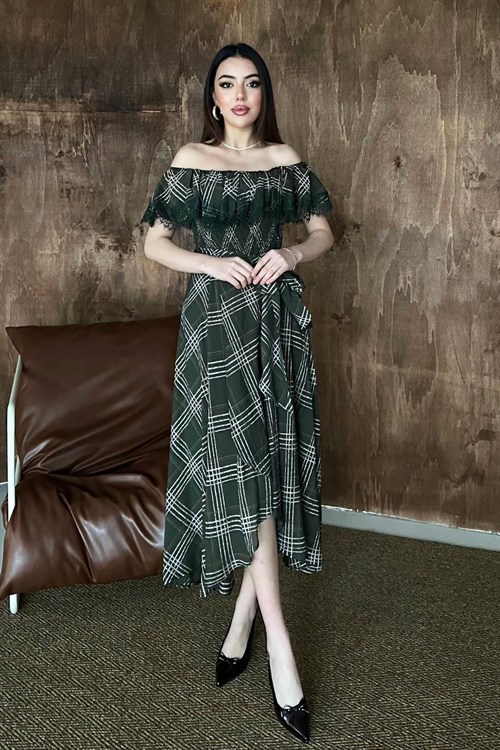 Toptan Haki Ekoseli Dantelli Elbise