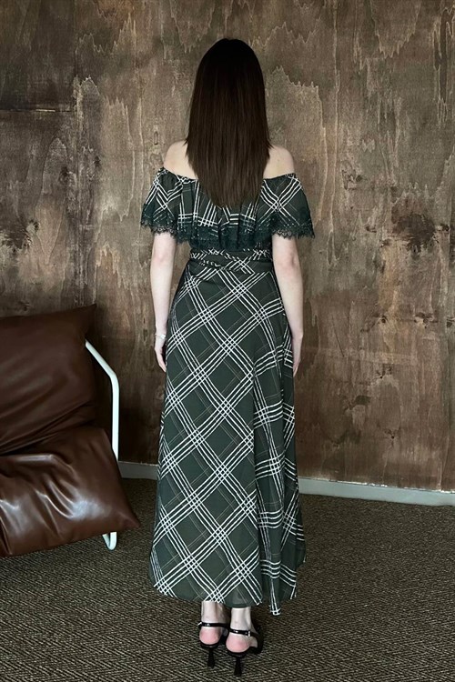 Toptan Haki Ekoseli Dantelli Elbise