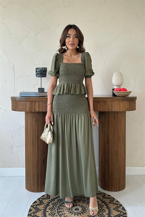 Wholesale Khaki Smocked Linen Set