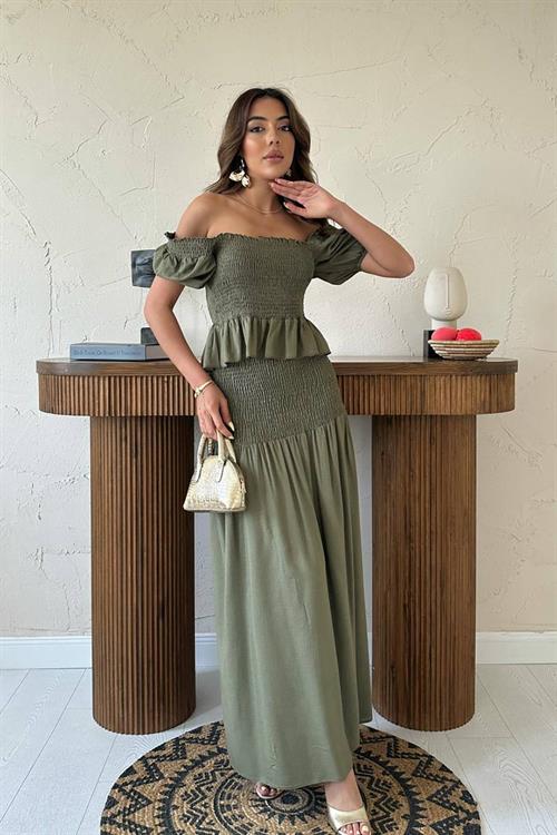 Wholesale Khaki Smocked Linen Set