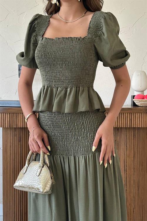 Wholesale Khaki Smocked Linen Set