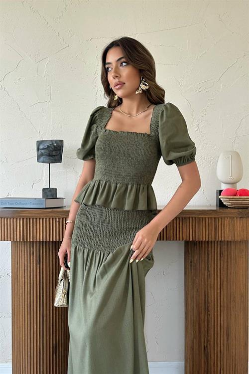 Wholesale Khaki Smocked Linen Set