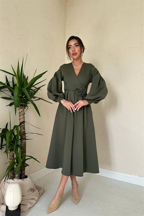 Wholesale Khaki Rose Detail Scuba Dress