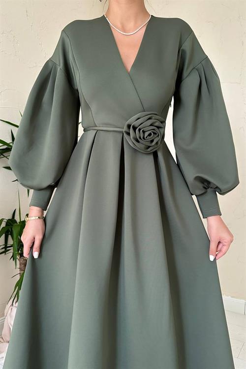 Wholesale Khaki Rose Detail Scuba Dress