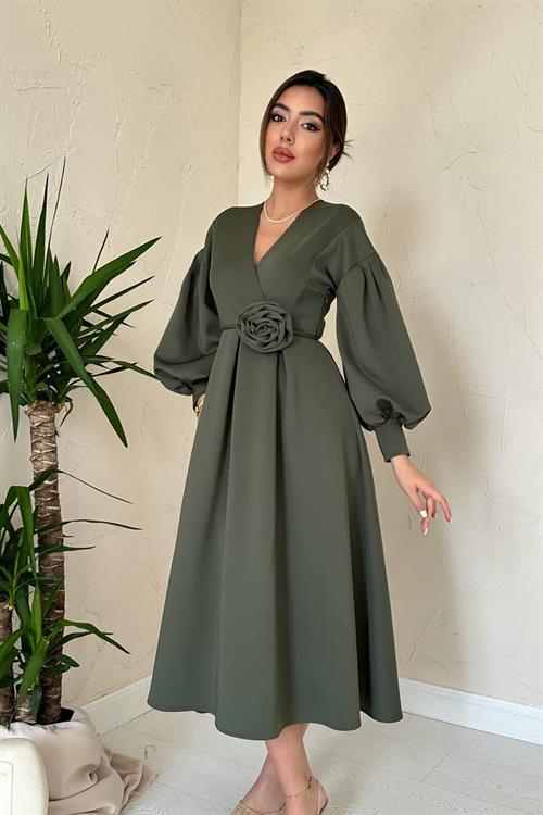 Wholesale Khaki Rose Detail Scuba Dress