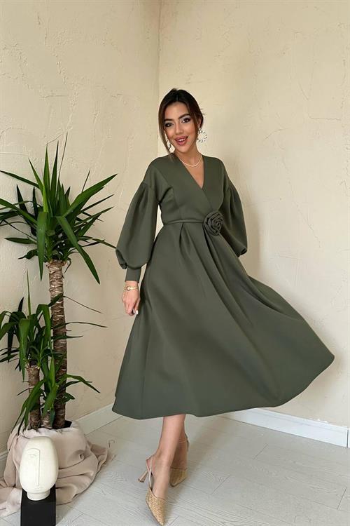 Wholesale Khaki Rose Detail Scuba Dress