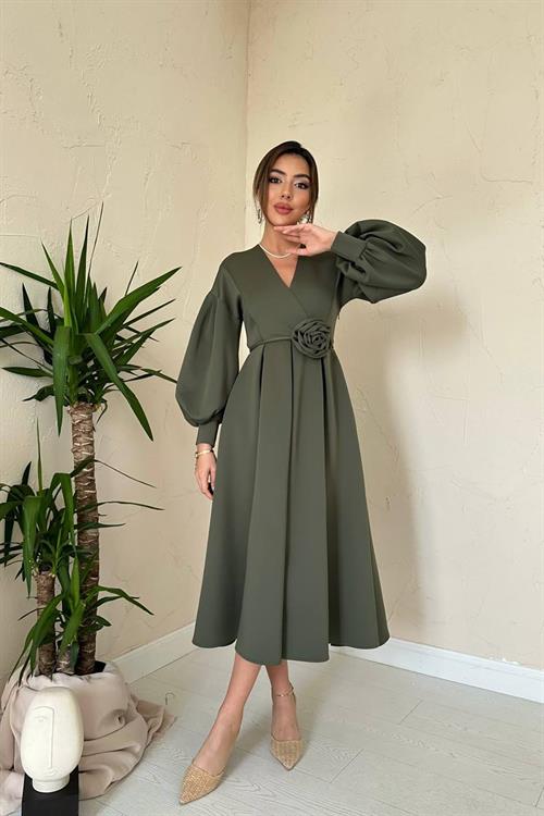 Wholesale Khaki Rose Detail Scuba Dress