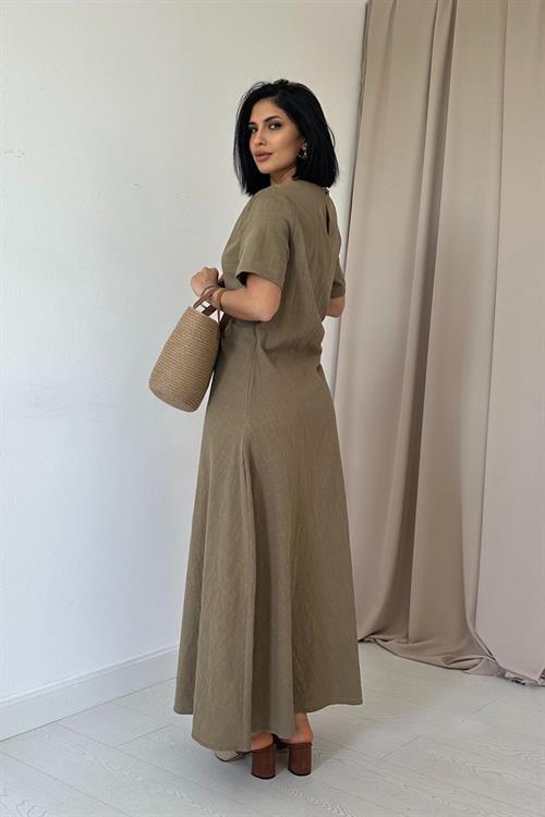 Toptan Haki Pileli Bisiklet Yaka Elbise