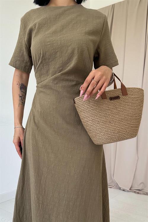 Toptan Haki Pileli Bisiklet Yaka Elbise