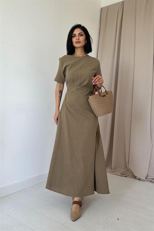Toptan Haki Pileli Bisiklet Yaka Elbise