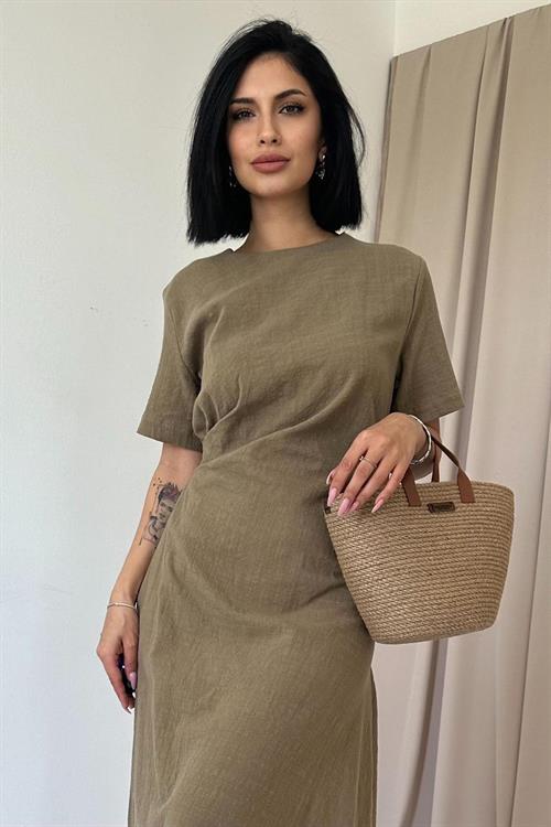 Toptan Haki Pileli Bisiklet Yaka Elbise