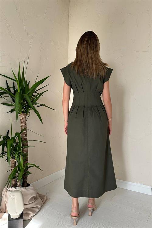 Wholesale Khaki Pleated Gabardine Dress