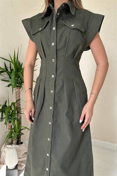 Wholesale Khaki Pleated Gabardine Dress
