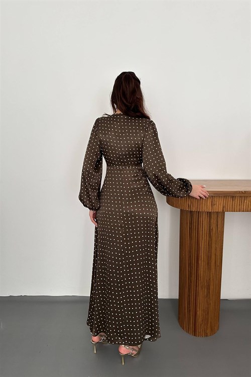 Wholesale Khaki Satin Polka Dot Dress with Lace Trim