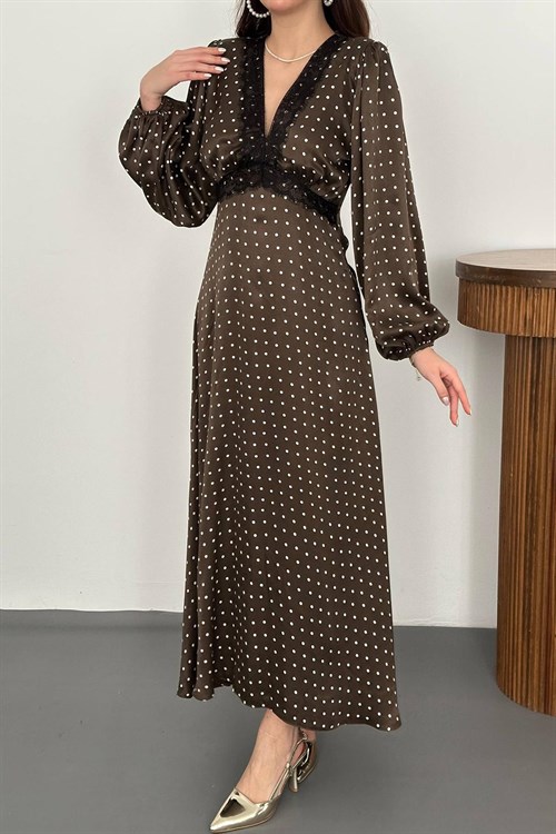 Wholesale Khaki Satin Polka Dot Dress with Lace Trim