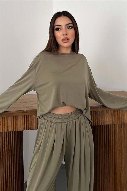 Wholesale Khaki Long-Sleeve Top and Salwar Pants Set