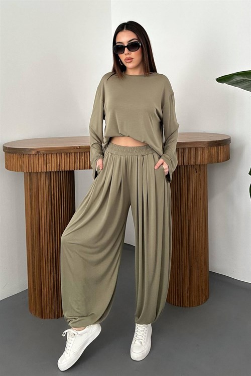 Wholesale Khaki Long-Sleeve Top and Salwar Pants Set