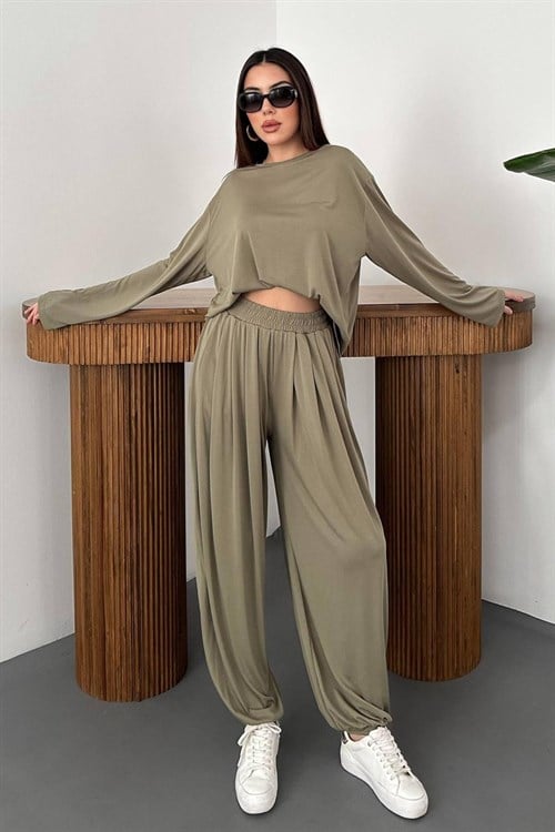 Wholesale Khaki Long-Sleeve Top and Salwar Pants Set