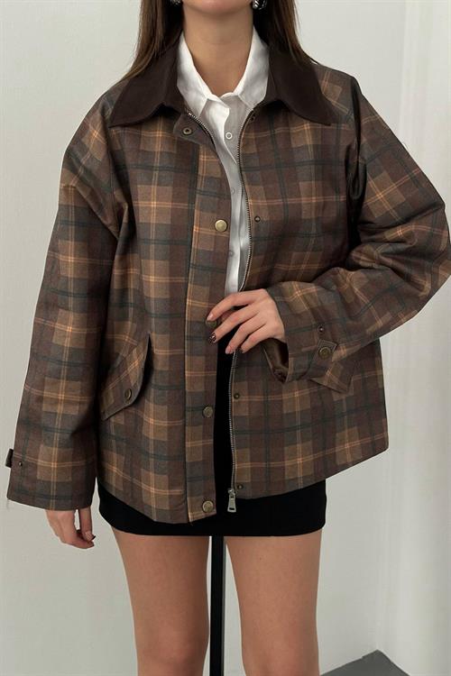 Wholesale Mustard Plaid Jacket with Contrast Collar