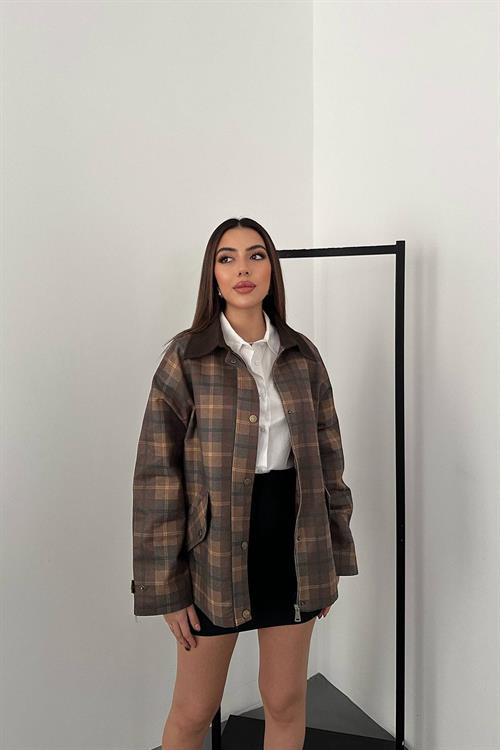 Wholesale Mustard Plaid Jacket with Contrast Collar