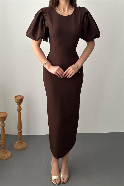 Wholesale Brown Balloon Sleeve Dress